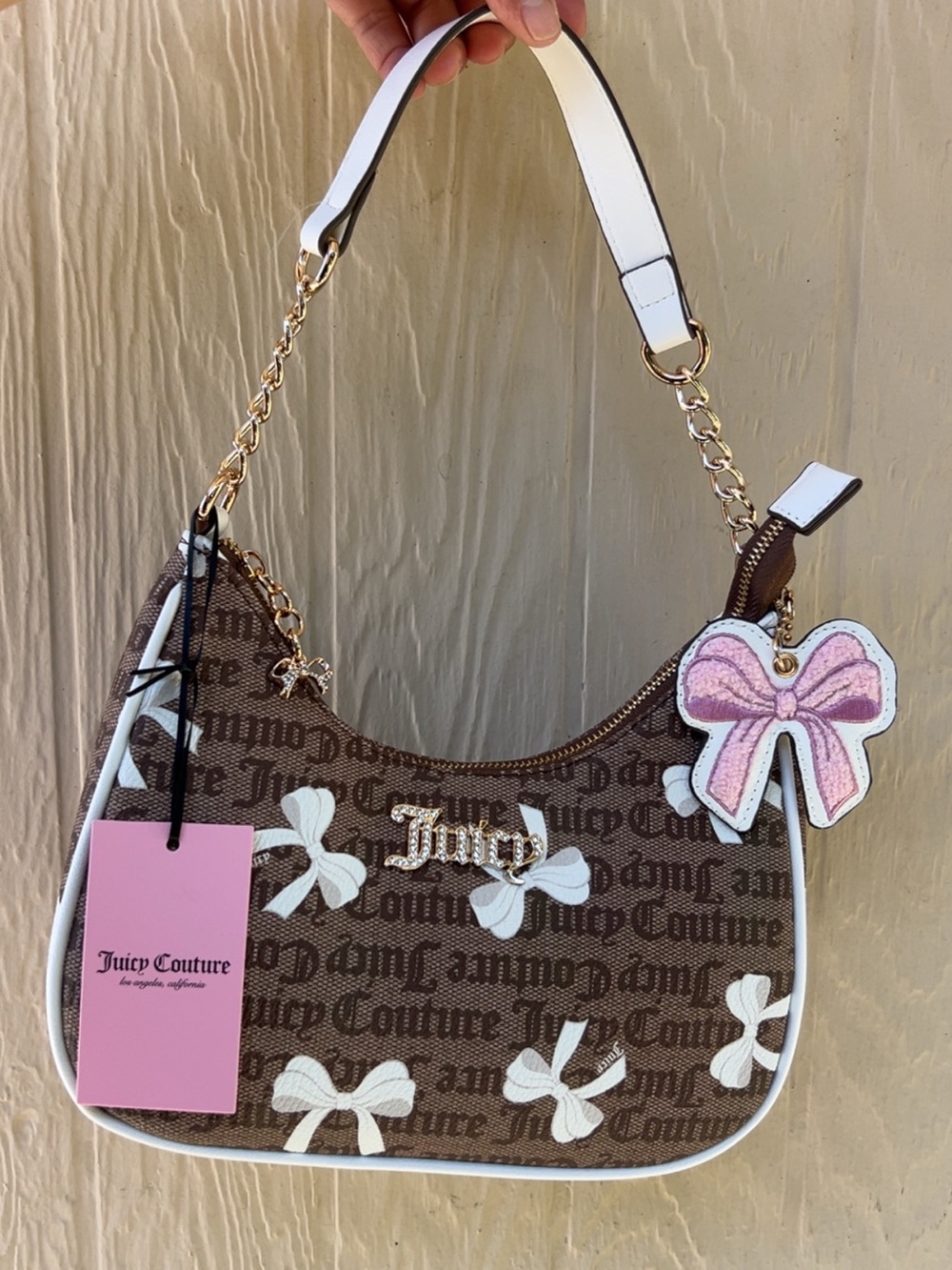 Juicy Couture Brown Logo Bow-Print Shoulder Bag with Pink Bow Charm